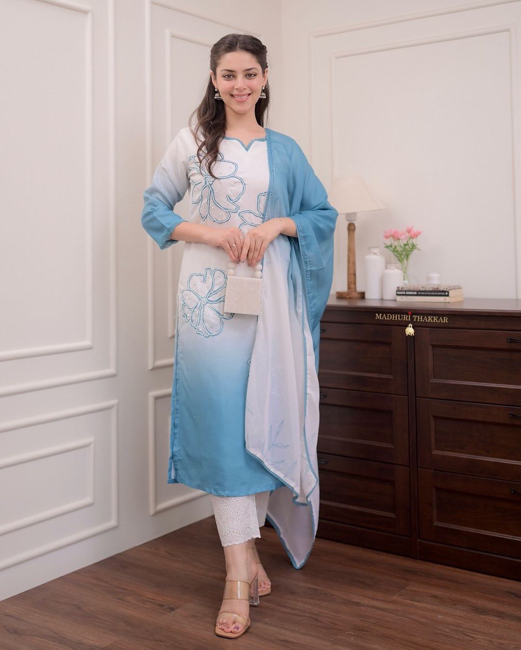 Beautiful Heavy Pure Moti Handwork Muslin Silk Suit Set