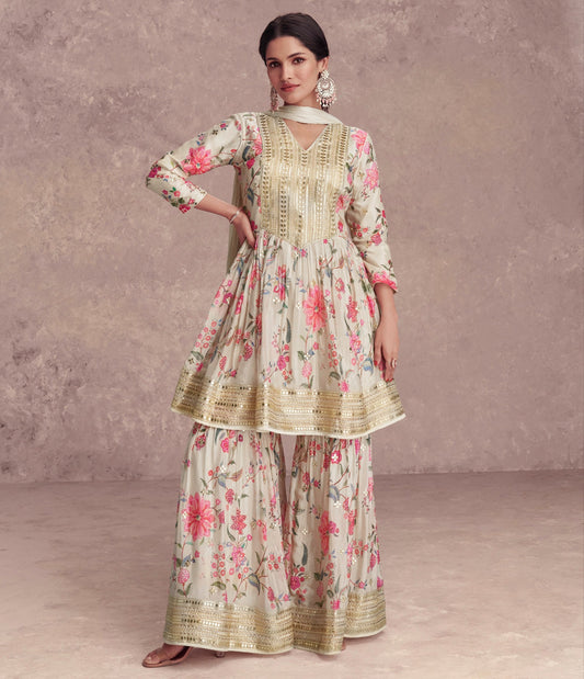 Digital Printed Readymade Indian Partywear Kurta Sharara Set