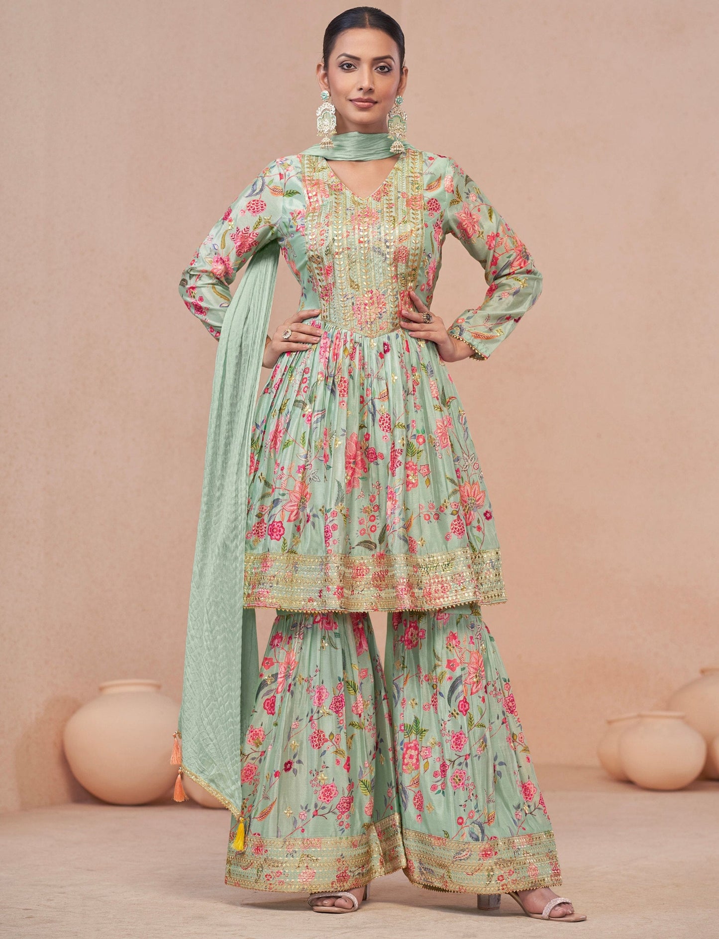 Digital Printed Readymade Indian Partywear Kurta Sharara Set