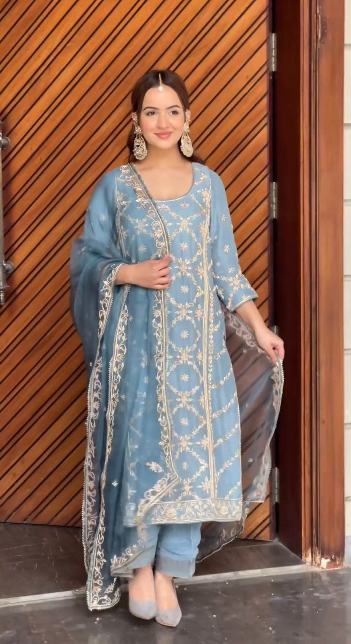 Blue Colure Heavy Embroidery Partywear Salwar Palazzo Pent