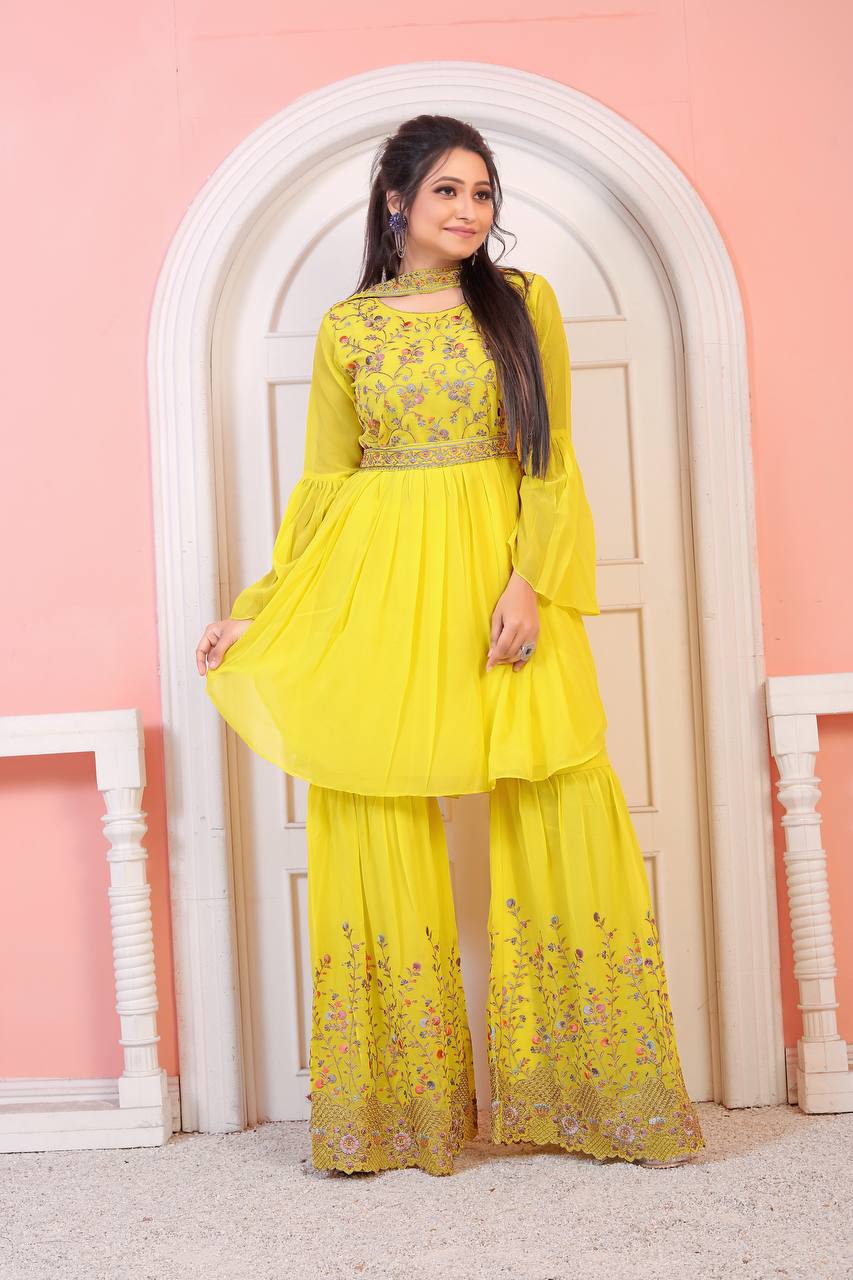 Indian Style Partywear Designers Yellow Sharara Dress