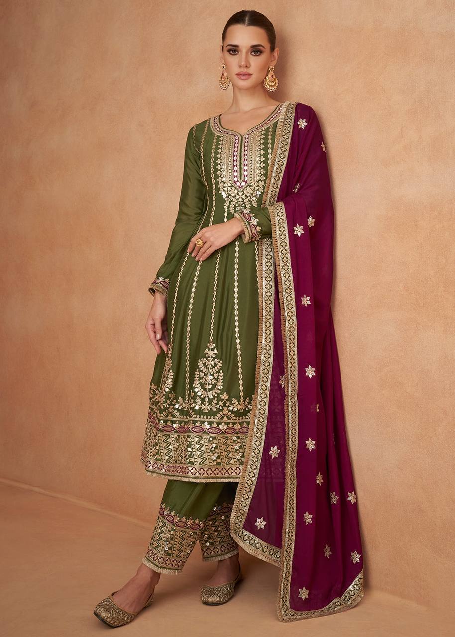 Green Pure Chinon Fabric Partywear Salwar Pent Suit