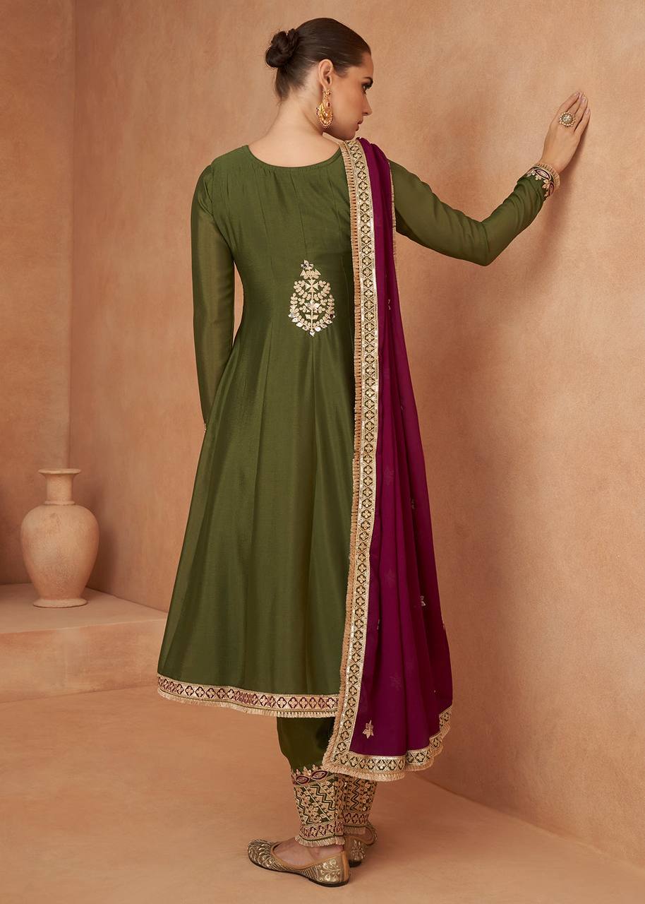 Green Pure Chinon Fabric Partywear Salwar Pent Suit