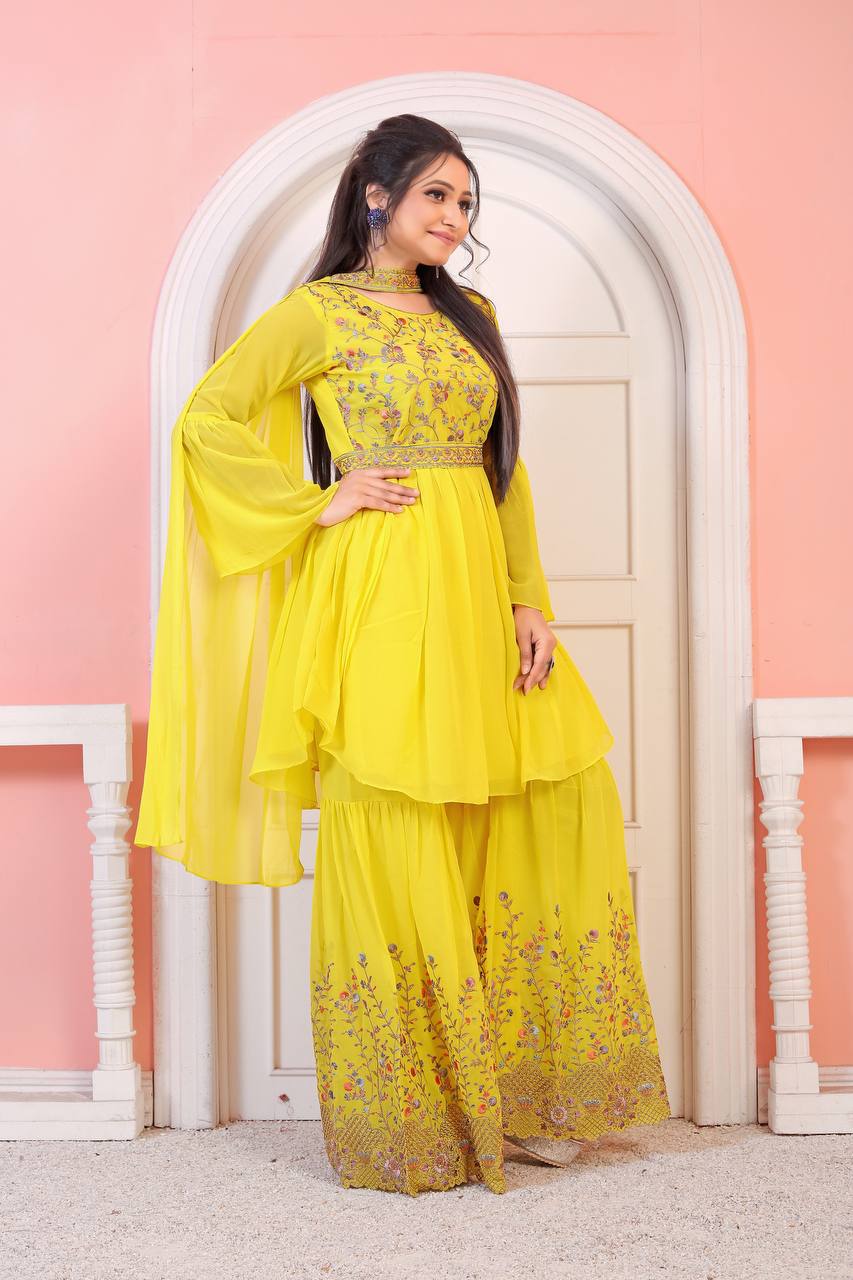 Indian Style Partywear Designers Yellow Sharara Dress