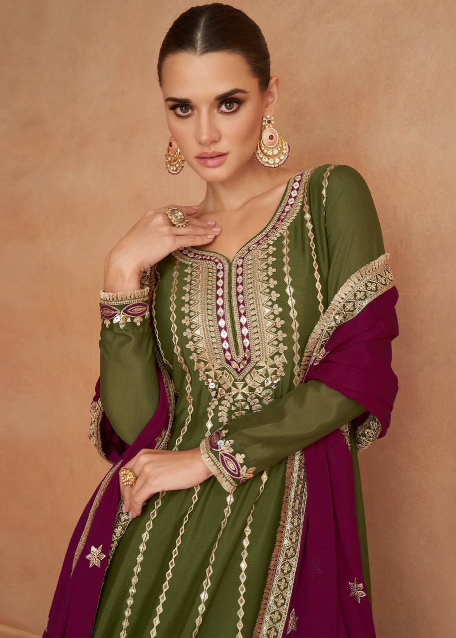 Green Pure Chinon Fabric Partywear Salwar Pent Suit