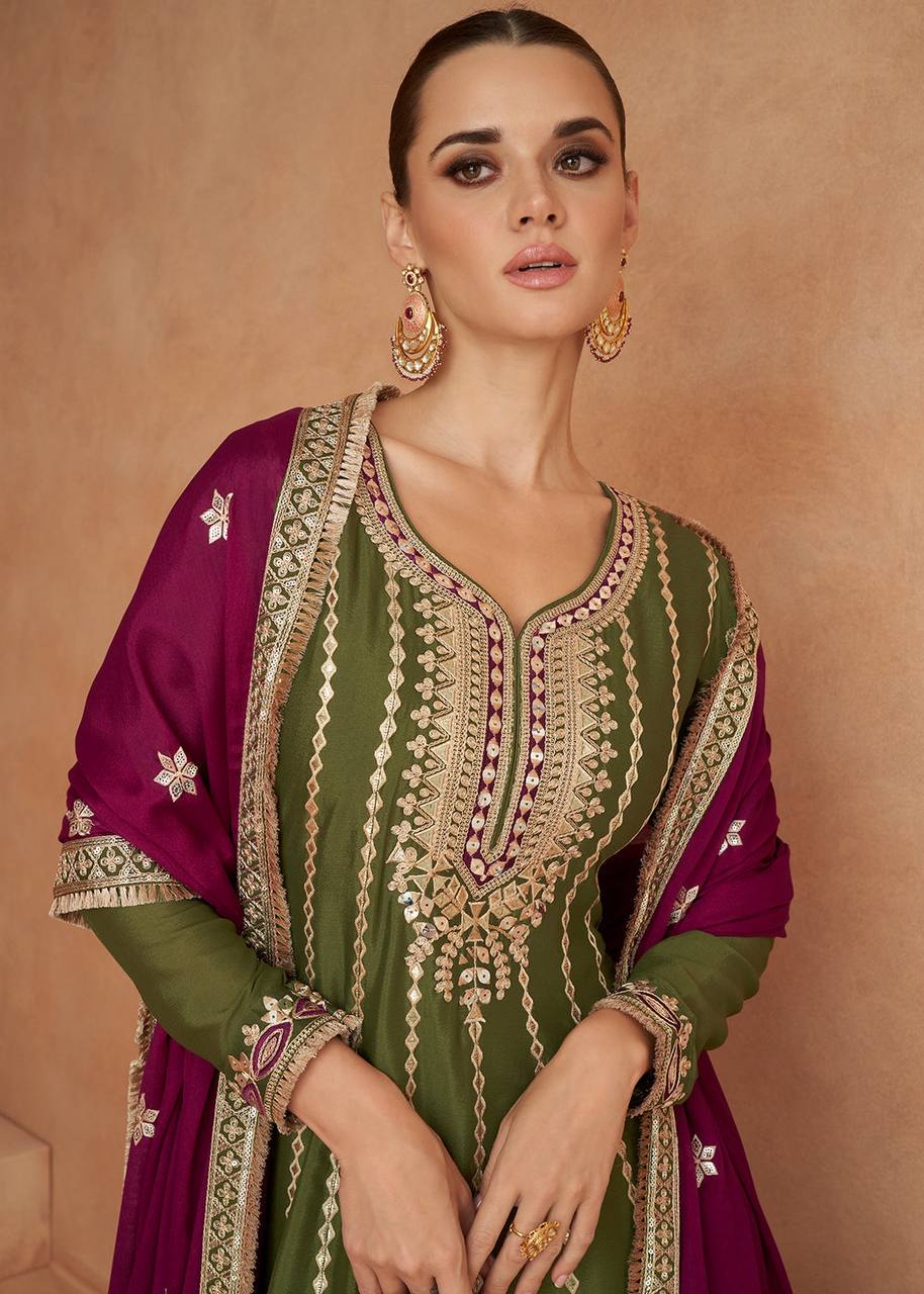 Green Pure Chinon Fabric Partywear Salwar Pent Suit