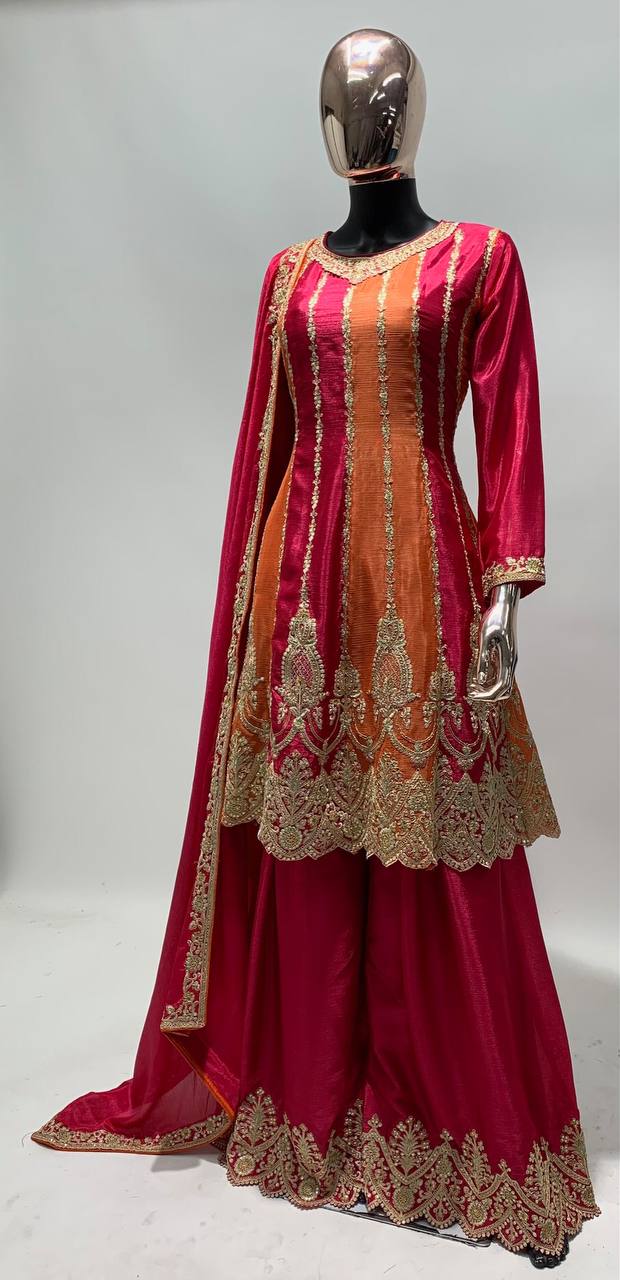 Orange Colure Partywear Sharara Suit With Embroidery