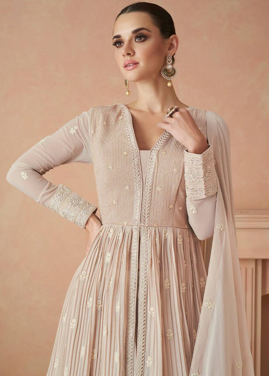 Beige Colour Partywear Embroidery Anarkali Dress