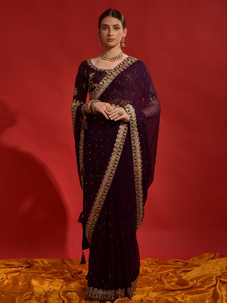 Wine Georgette Sequence Saree