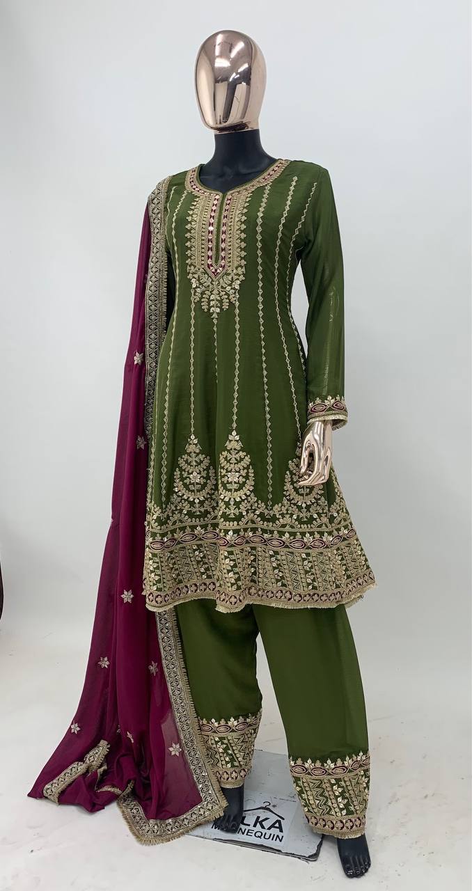 Green Pure Chinon Fabric Partywear Salwar Pent Suit