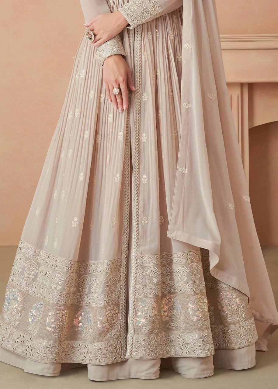 Beige Colour Partywear Embroidery Anarkali Dress