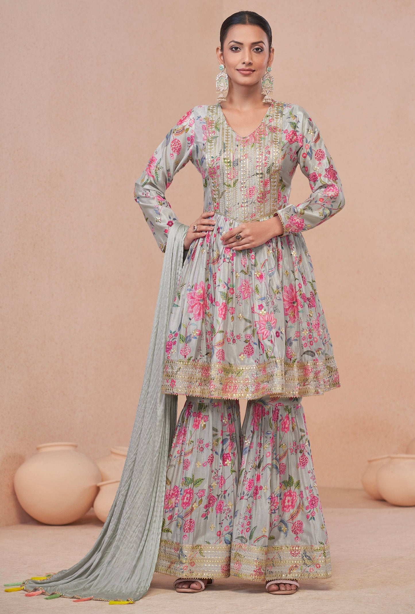 Digital Printed Readymade Indian Partywear Kurta Sharara Set