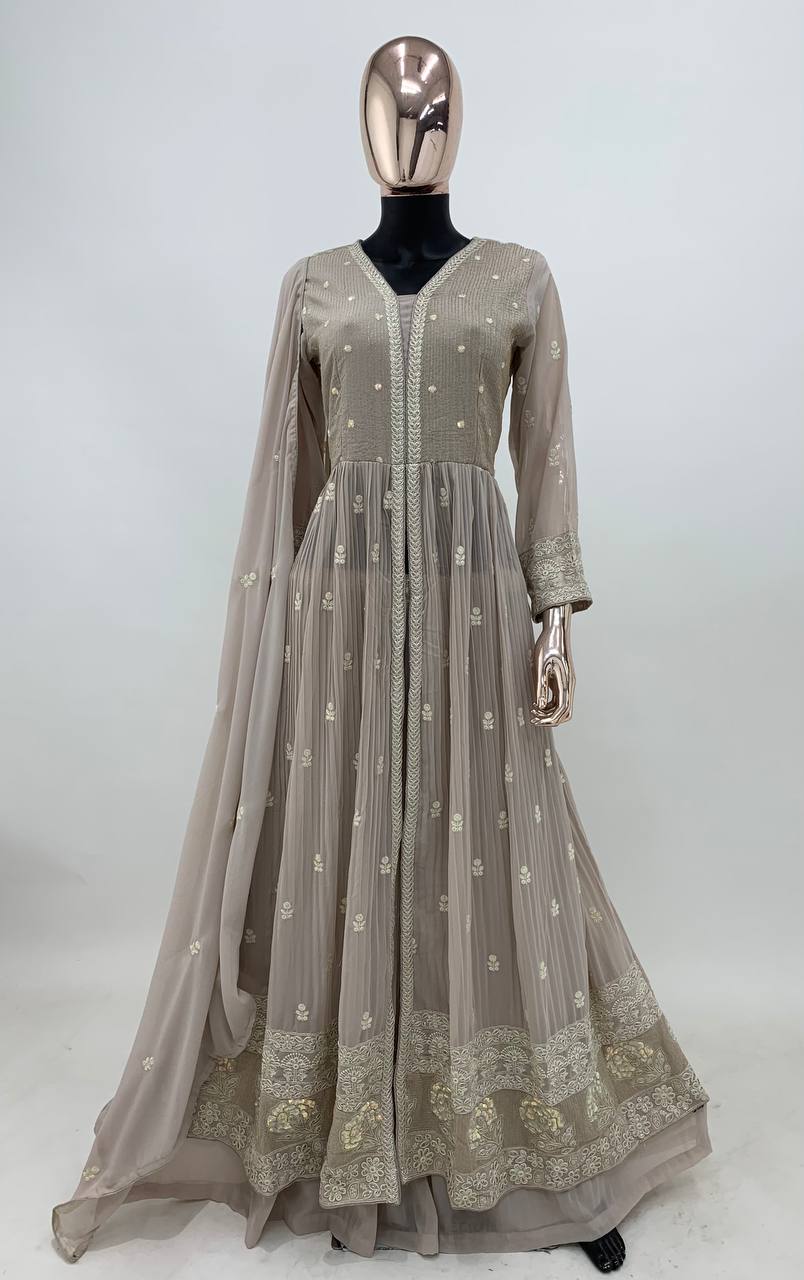 Beige Colour Partywear Embroidery Anarkali Dress