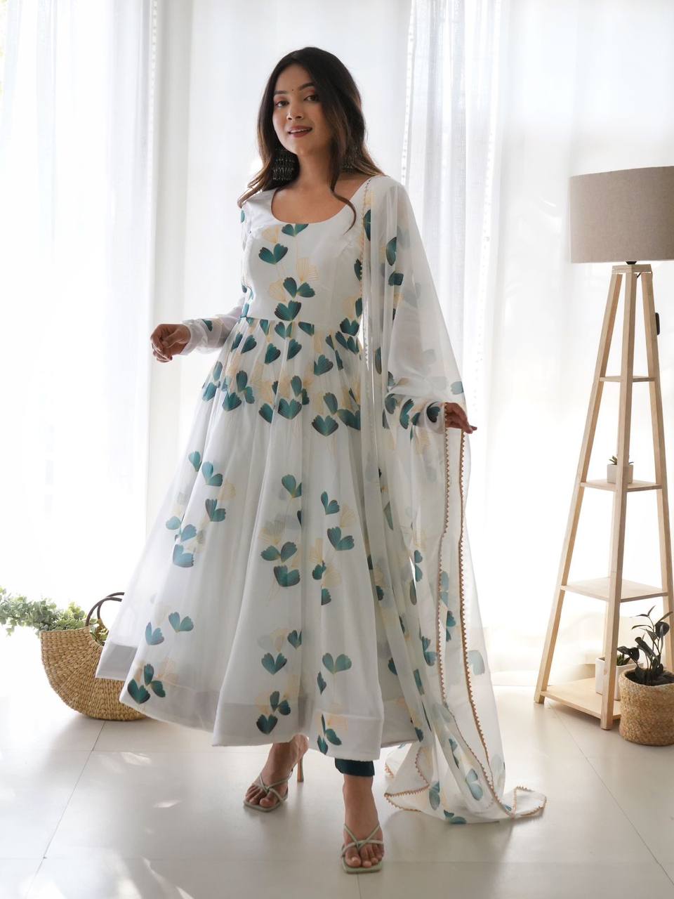 Organza Fabric White Colure Floral Partywear Print Anarakli Gown